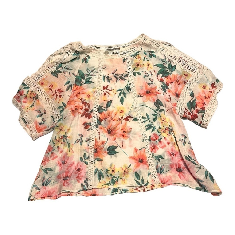 Gauze floral top cold shoulders crochet trim pinks peach wine green oversized